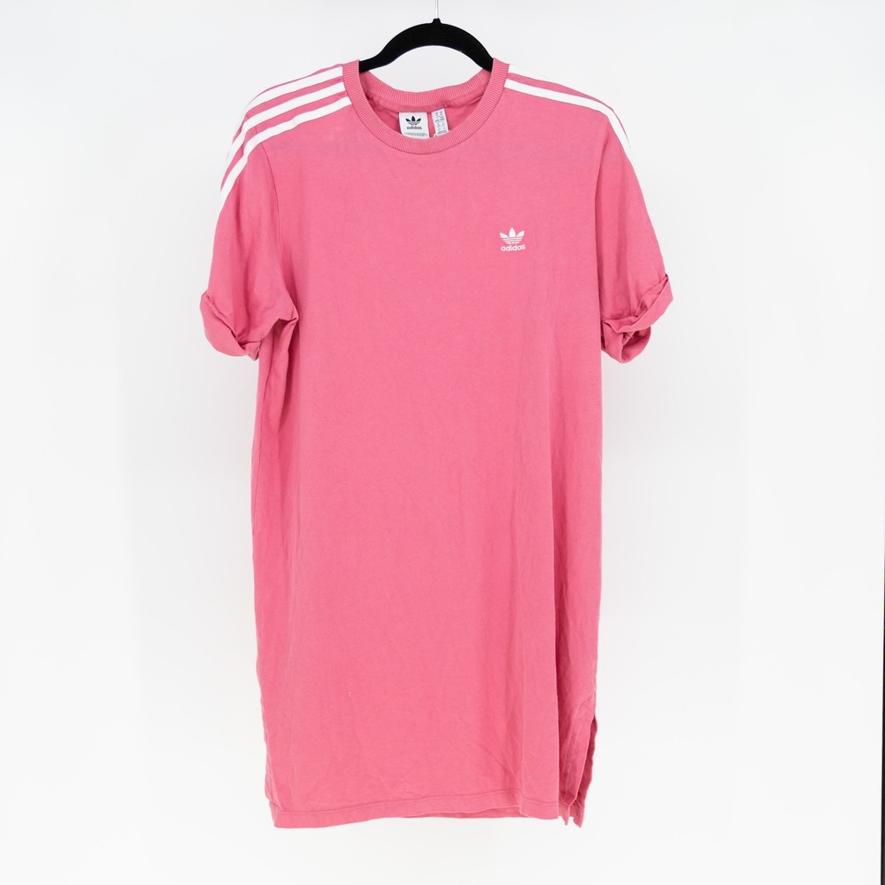 Adidas Women's Cotton Crew Neck Short Sleeve Three Stripe Tee Shirt Dress Pink M